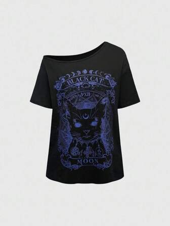 Goth Plus Size Asymmetric Collar Plus Size Black Cat Mysterious Graphic T-Shirt