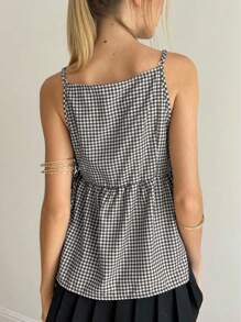 Jouncy 女式休闲格子侧开衩系带吊带背心，夏季 - 黑色 - 查看 2