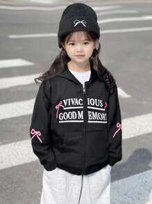 Genkimix Kids Áo nỉ trùm đầu tay raglan thêu chữ và nơ phong cách đường phố giản dị mùa thu/xuân cho bé gái - màu đen - Xem 4