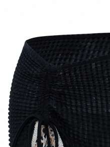 Swim Lushoire 女士夏季海滩度假抽绳褶饰海星贝壳流苏纯色特殊纹理面料开衩下摆半身裙 - 黑色 - 查看 7