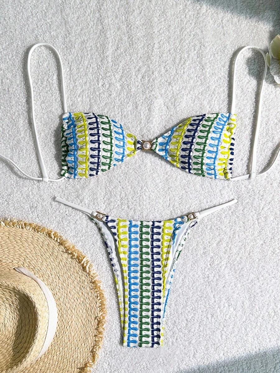 Swim Mod 2 件女士珍珠纹理比基尼泳装套装，海滩夏季泳装