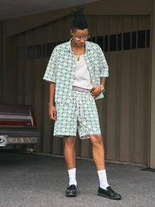 AXEPEAK 2pcs/Set Men's All-Over Print Short Sleeve Single-Breasted Shirt And Shorts Casual Suit