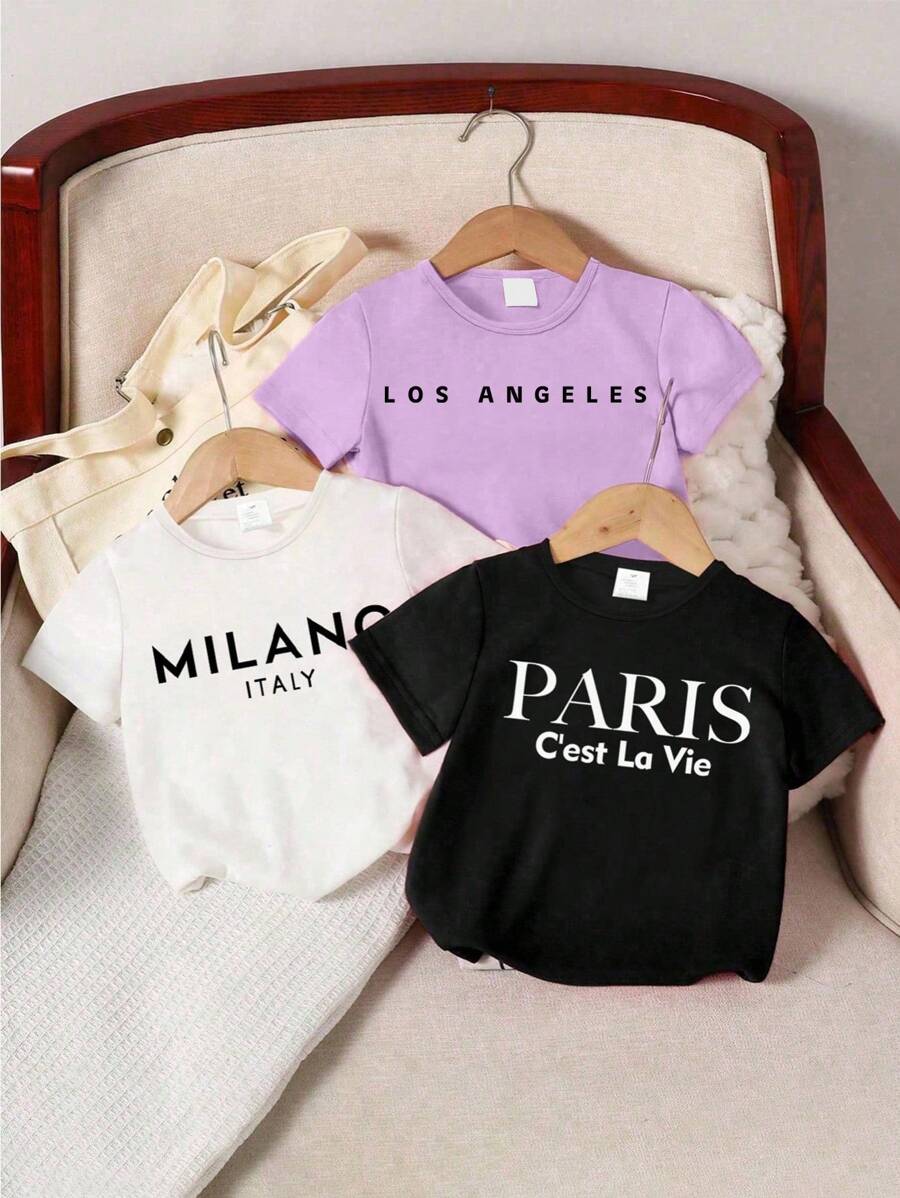 女婴休闲简约短袖圆领T恤，适合夏季 - 彩色 - 查看 1