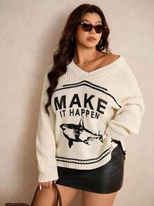Elaquor Plus Size Women English Letter Print V-Neck Long Sleeve Casual Sweater In Fall/Winter - White - View 3