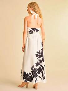 CAJUNI Vestido largo de mujer con estampado floral blanco y negro, cuello halter, sin mangas, cintura anudada y silueta evasé, adecuado para vacaciones, vestidos elegantes para mujer, vestidos de otoño, vestidos casuales para mujer, vestido de vacaciones, vestidos florales para mujer - Multicolor - Ver 2