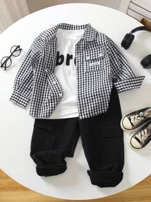 Genkimix Kids Set de 2 piezas para niños pequeños con camisa de manga larga a cuadros estilo nuevo + pantalón suelto con cordón, silueta clásica de camisa a cuadros, cierre con botones para facilitar el uso, pantalón de pierna entallada agrega moda y previene el aire frío, adecuado para el uso diario en la escuela, el patio de recreo y las compras