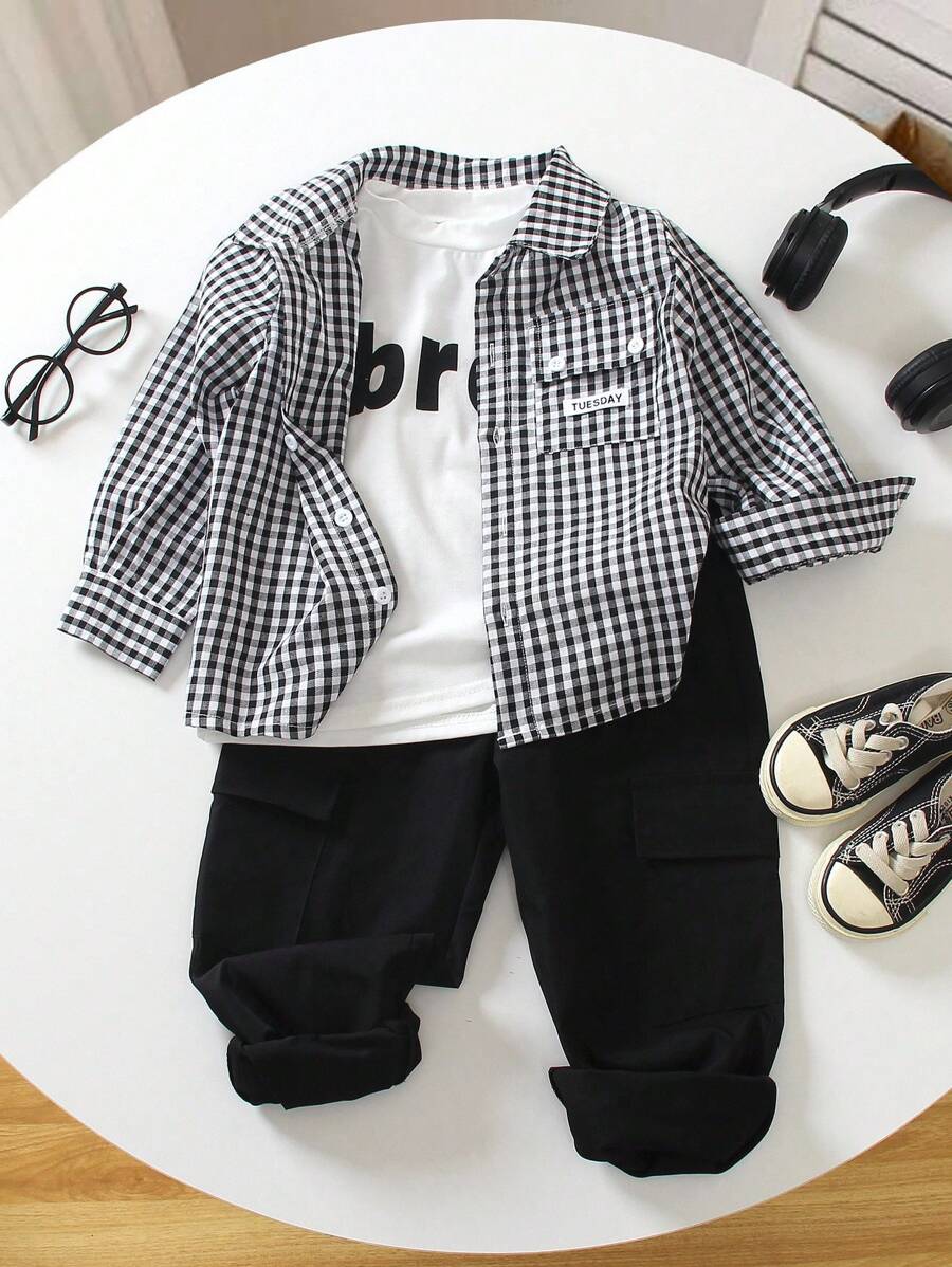 Genkimix Kids Set de 2 piezas para niños pequeños con camisa de manga larga a cuadros estilo nuevo + pantalón suelto con cordón, silueta clásica de camisa a cuadros, cierre con botones para facilitar el uso, pantalón de pierna entallada agrega moda y previene el aire frío, adecuado para el uso diario en la escuela, el patio de recreo y las compras