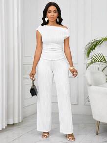 SHEIN Lady 白色弹力纹理不对称领上衣和阔腿裤配松紧腰带裤子女士两件套休闲日常优雅适合所有季节商务休闲女士两件套服装办公室