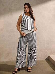 Juhart 2件套大码女式优雅条纹贴花无袖上衣和裤子套装 - 黑與白 - 查看 4