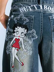 Betty Boop | ROMWE 卡通人物刺绣哥特式十字架与藤蔓玫瑰做旧水洗超大 Y2K 牛仔裤