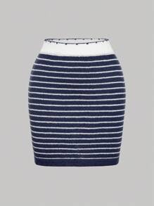 SHEIN MOD Navy Blue Striped Knitted Bodycon Mini Skirt, Women Woolen Skirt - Navy Blue - View 1