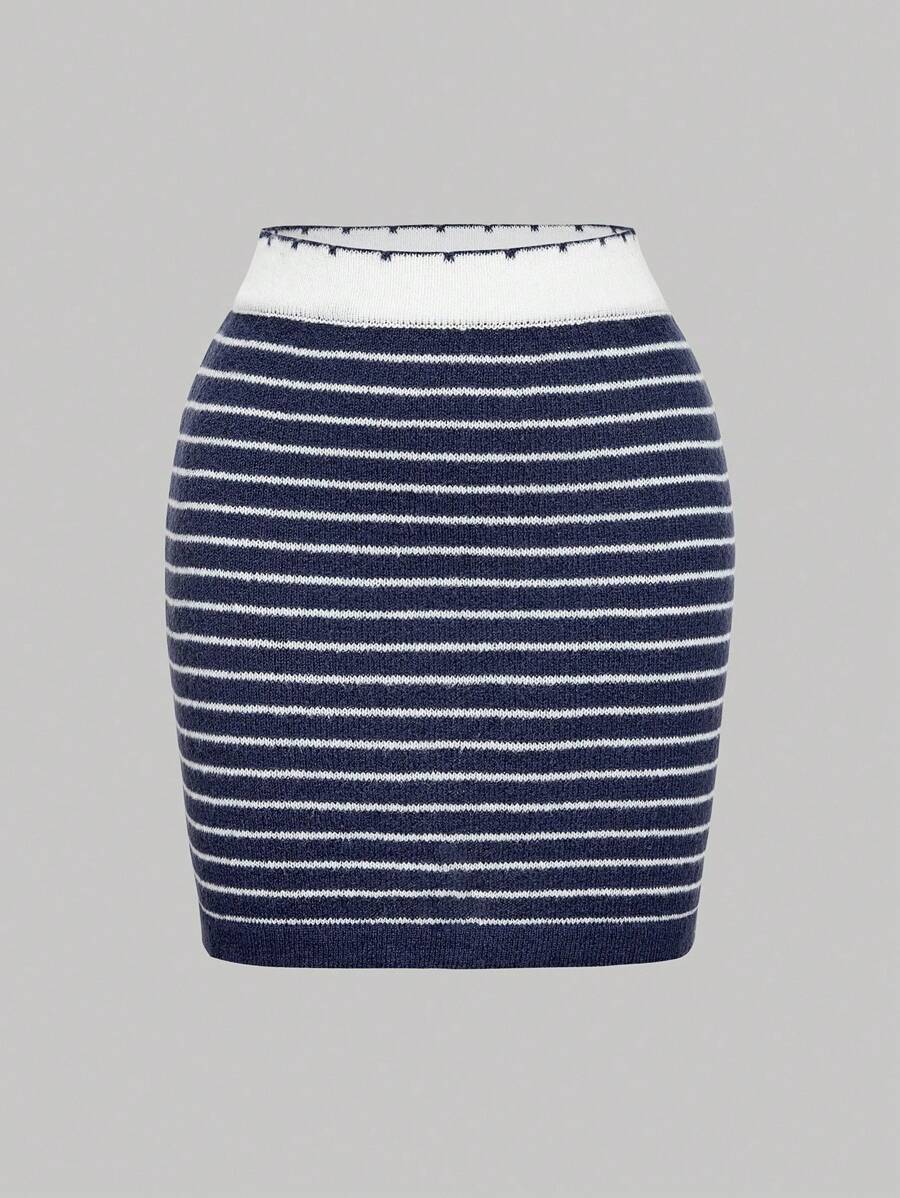 SHEIN MOD Navy Blue Striped Knitted Bodycon Mini Skirt, Women Woolen Skirt - Navy Blue - View 1