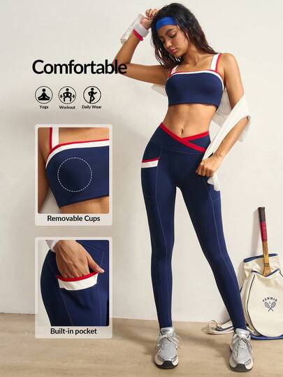 VARSIVA 女式撞色拼接吊带背心和紧身裤运动套装两件套可爱健身女士套装