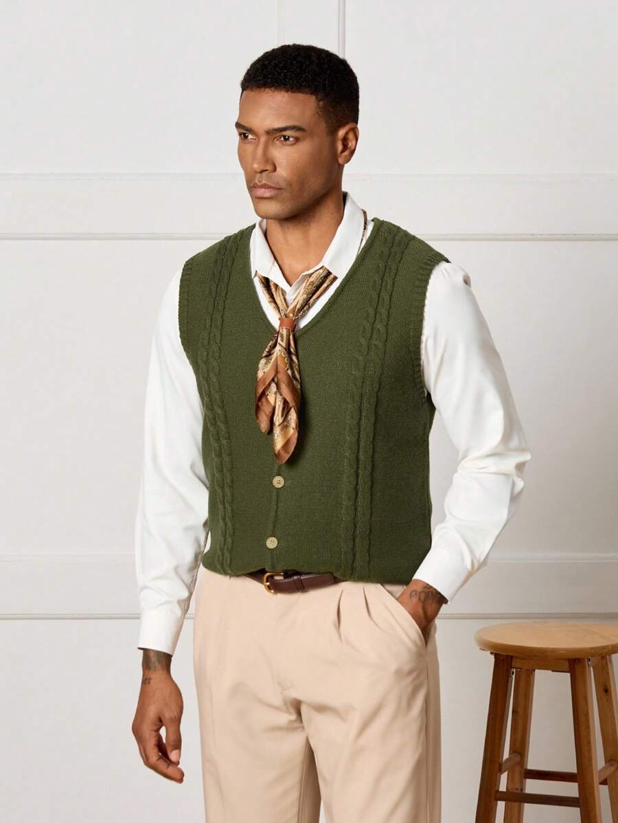 Manfinity CityGents Men's V-Neck Casual Versatile Twist Pattern Knit Vest Old Money Aesthetic