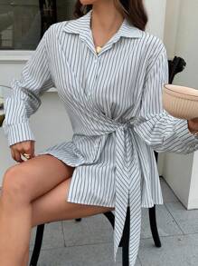 Livesso 女式系带腰部宽松条纹长袖衬衫 - 黑色 - 查看 6