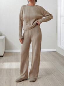 EURMUSE Women Solid Color Rib Knit Round Neck Drop Shoulder Pullover & Sweater Pants Set,Petite,Winter Clothes - Beige - View 5