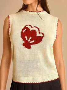 CAJUNI Women's Shell Pattern Knit Round Neck Vest, Casual & Retro In Fall/Winter - Cream - View 6