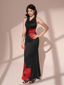 Pitira Pitira Robe longue à col ras-du-cou froncé à la taille avec imprimé floral rétro pour jeune fille, robe longue à fleurs de pivoine rouge - Noir - Voir 4