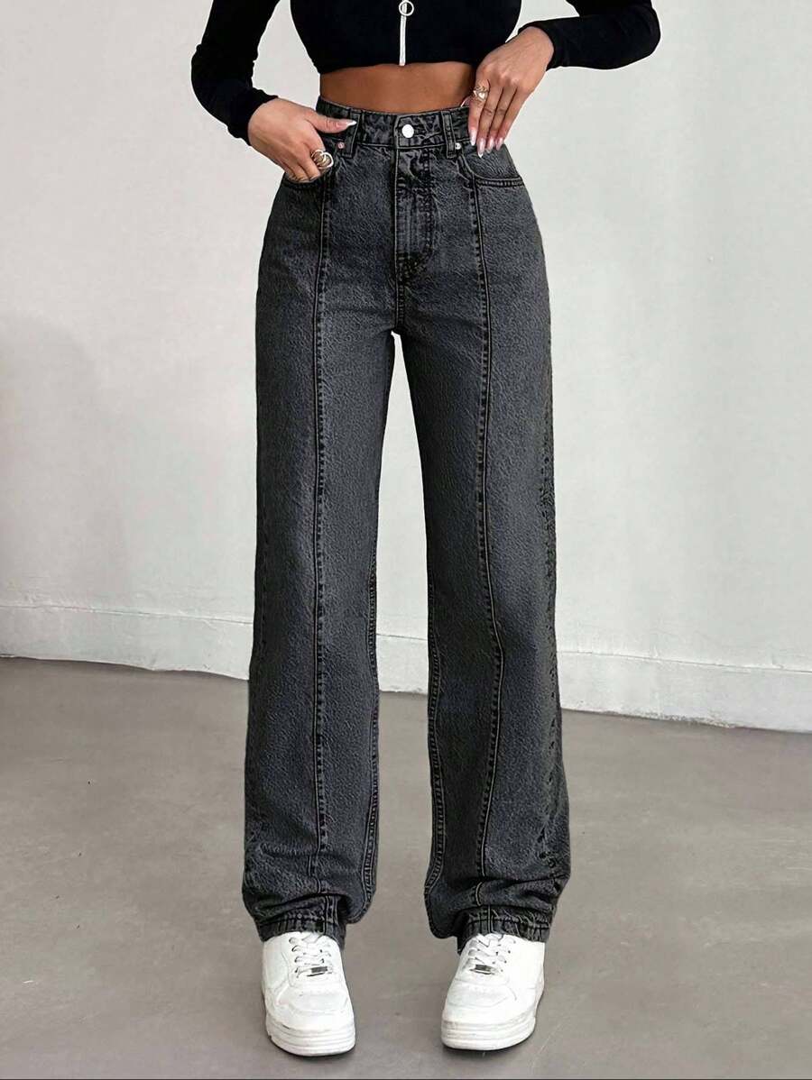 EURMUSE 100%Cotton Solid Color Straight Leg Jeans - Dark Grey - View 1