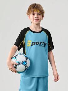 Back To School Outdoor Sports Short Sleeve & Shorts Set, Kids Colorblock Graphic Print Short Sleeve T-Shirt & Shorts Set - Blue - View 4