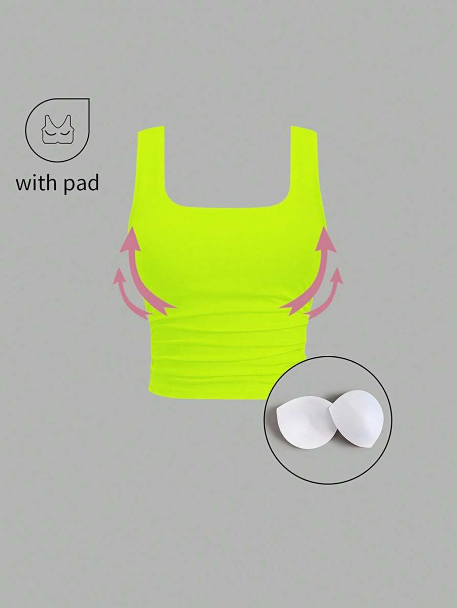 FavEase 女式霓虹绿色褶皱方领休闲修身背心