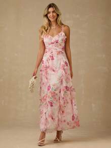 Enchnt Frühlings-/Sommer-romantisches Damen-Maxikleid mit rosa Blume Muster, Spaghettiträgern, geraffter Taille und Rüschensaum, süß und elegant für Urlaub, Date, Feiertage, Party, Abschluss, Hochzeitsgast, Strand, Abschlussball, Sommerkleider für Damen, Sommerkleider, Sommerkleidung, elegante Partykleider, Boho-Kleidung für Damen