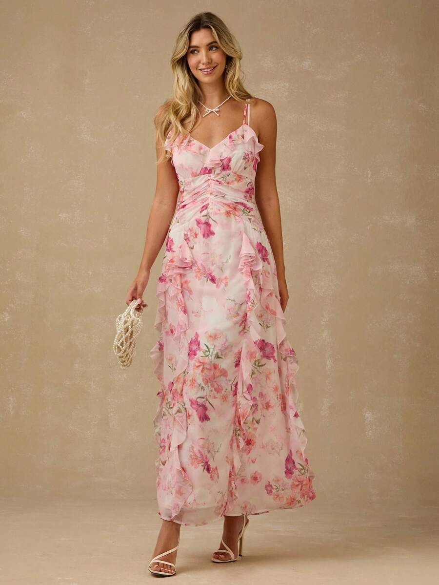 Enchnt Frühlings-/Sommer-romantisches Damen-Maxikleid mit rosa Blume Muster, Spaghettiträgern, geraffter Taille und Rüschensaum, süß und elegant für Urlaub, Date, Feiertage, Party, Abschluss, Hochzeitsgast, Strand, Abschlussball, Sommerkleider für Damen, Sommerkleider, Sommerkleidung, elegante Partykleider, Boho-Kleidung für Damen