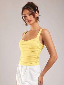 Silquee Tank Top Wanita Kasual Musim Panas Warna Polos dengan Detail Kerut, Tank Top Kuning Wanita, Tank Top Kerut Kuning, Tank Top Pas Badan Kuning Wanita - Kuning - View 6