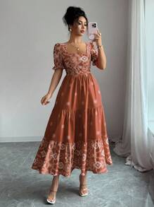 Elenzga Váy chữ A cổ vuông xếp ly eo dành cho nữ, họa tiết hoa, thanh lịch cho ngày lễ và đi làm thường ngày, tay ngắn - màu nâu - Xem 5