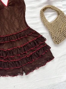 Soleia Women's Retro 70s Shades Of Brown Leopard Patchwork V-Neck Halter Tied Ruffle Romper,Summer Boho Music Festival Beach Club Night Party Lace Dress - Coffee Brown - View 5