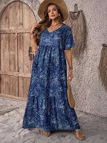 EMERY ROSE Vestido largo casual de cuello en V con estampado de plantas, talla grande, de estilo campestre casual para vacaciones, sencillo y con estilo para el uso diario, blusas de verano para mujer, conjuntos de verano para mujer