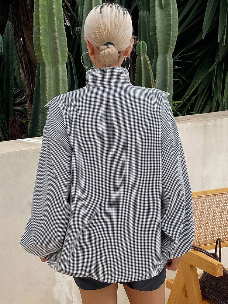 Women's Casual Plaid Frill Trim Stand Collar Sweatshirt