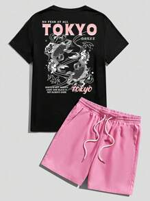 Manfinity Hypemode Japanese Style Swimming Koi Fish Print Men Plus Size Black Short Sleeve Tee And Pink Woven Shorts Set, Casual - Multicolor - View 1