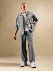 SUMWON Denim Button Up Short Sleeve Oversized Shirt With Wide Leg Pants Workwear Inspired Coordinates In Light Grey Street Style Two Piece Set - Blue - View 1