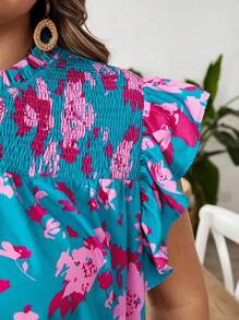 SHEIN CURVE+ 加大码花卉印花荷叶边下摆度假休闲衬衫 加大码花卉上衣 加大码夏季衬衫 女式花卉上衣 女式夏季上衣 8xl 女式上衣，开学秋季女装，冬季，CURVE PLUS - 彩色 - 查看 7