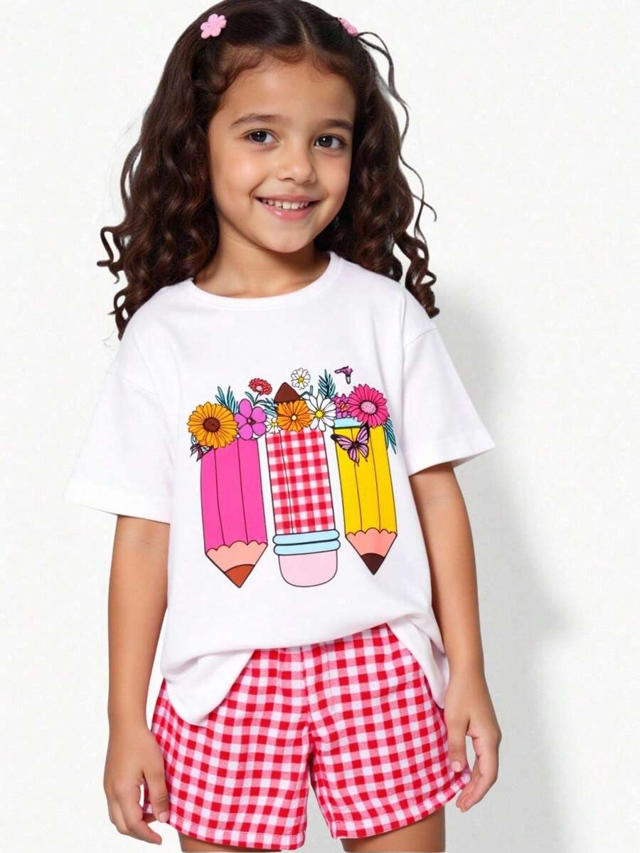 SHEIN Playful Pals Young Girl Summer Casual Commuter School Pencil & Floral Butterfly Print Loose Fit Short Sleeve White T-Shirt - White - View 1