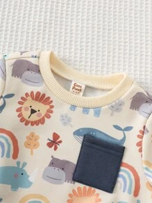 Cozy Pixies 2件套男婴卡通动物印花柔软针织圆领长袖套头卫衣和松紧腰裤套装，婴儿冬季服装套装，婴儿动物印花套装，男婴冬季套装，男婴秋季冬季服装 - 杏色 - 查看 9