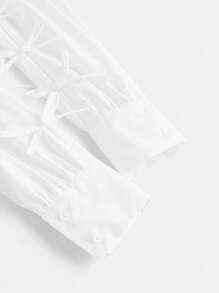 Maija Women's White Shirt With Side Slit Multiple Bow Decorative Design, Summer Dress Shirt With Stylish, Elegant, Versatile, Comfortable Fit, Long Sleeve, Side Slit, Multiple Bow Decor, Vintage Music Festival Casual Attire, Romantic, French Chic, Sophisticated, Understated, Graceful