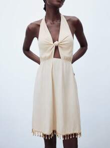 Maija Women's Light Apricot Fringed Hem Summer Dress, Versatile, Elegant Casual Urban Fashionable Design, Comfortable Fitted Neck-Tie Back Twist Knot Ruched Hem Fringed Splice Beach Vacation Style Mini Dress All-Match Summer Clothing For All Seasons, Modern Holiday Fashion Design, Comfortable Beach Beach Clothing, Bohemian Style, Isabi Island Holiday Wear, Summer Dopamine Holiday Wear, Ins Same Style Holiday Style, Exotic Atmosphere, Country Concert, Western Style Clothing - Apricot - View 7