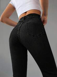 EURMUSE 98%Cotton Slim Fit Slant Pocket Casual Flared Jeans - Black - View 5