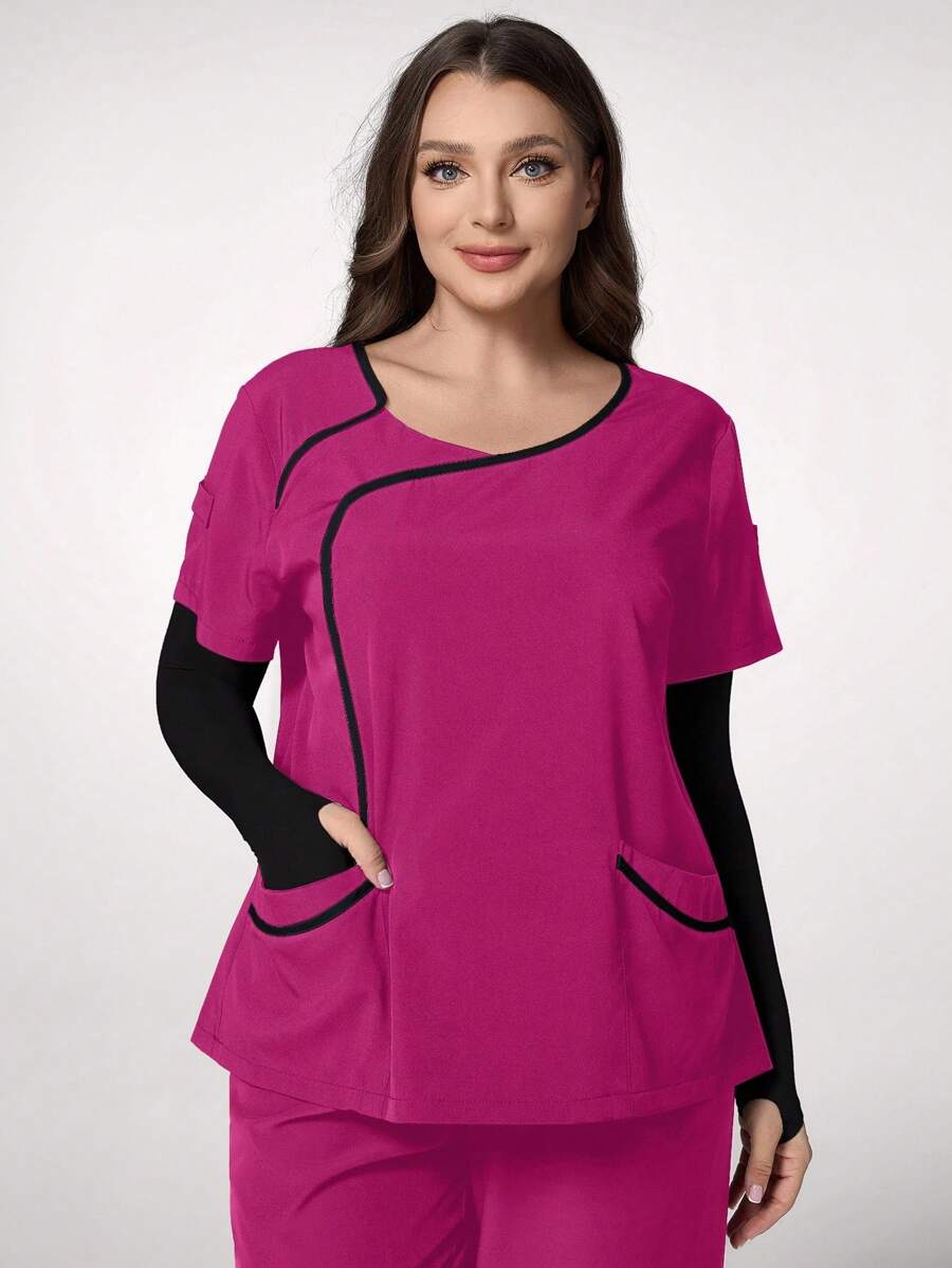 TaskEZ Plus Size Contrast Trim Short Sleeve Healthcare Scrub Uniform Top - Red Violet - View 1