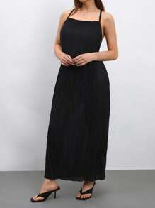 Maija Plus Size Women's Black Summer Girlism Night Cami Neck Texture Wrinkled Elegant Dress,Graduation Wedding Guest Beach Vacation Business Casual - Black - View 4