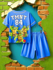 TEENAGE MUTANT NINJA TURTLES | SHEIN Tween Boy Cartoon Turtle & Letter Print Blue Casual V-Neck Short Sleeve T-Shirt And Shorts Set - Multicolor - View 2