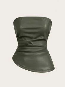 Siren Gaze Women's Leather Top Fashionable Ruched Asymmetric Hem Tube Top, Suitable For Going Out And Parties Top Summer Green Casual Christmas - Army Green - View 3