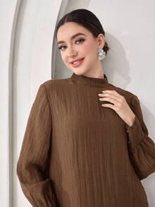 Women's Elegant Solid Color Stand Collar Dress - Coffee Brown - View 4