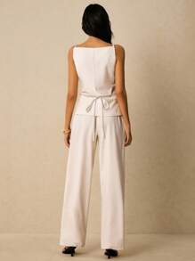 Poéselle 女士优雅纯色前扣吊带阔腿裤两件套，夏季 - 杏色 - 查看 7