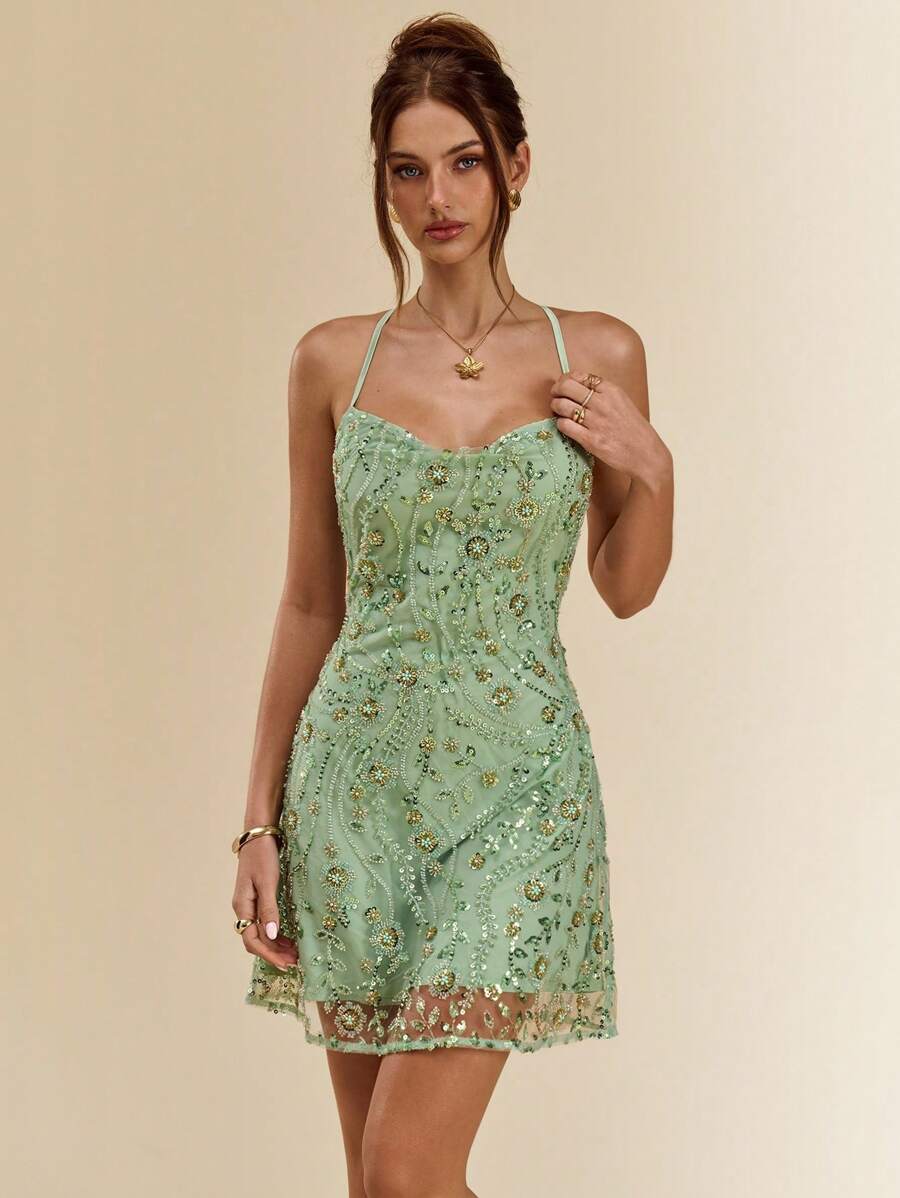 SHEIN BAE 女士细肩带迷你连衣裙，夏季时尚，节日连衣裙，花卉串珠连衣裙，露背吊带连衣裙，女士早午餐装 - 薄荷綠 - 查看 1