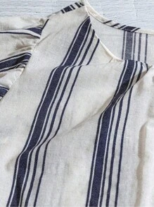 Linhara 大码女式蓝白条纹亚麻荷叶边袖衬衫，夏季