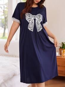 SHEIN 大码蝴蝶结印花撞色蕾丝休闲睡袍 - 藏蓝色 - 查看 4