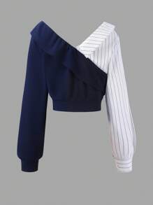 SHEIN Sparklyn 两件套少女套装，优雅通勤装，纯色条纹衬衫+阔腿裤套装，秋冬款 - 彩色 - 查看 3